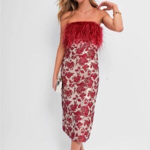 NWT Red Jacquard Feathered Reina Midi Dress